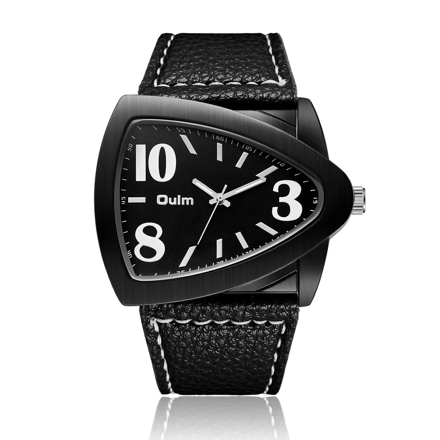 Men's casual quartz watch with triangle belt strap, shown in brown, black, and blue colour options.