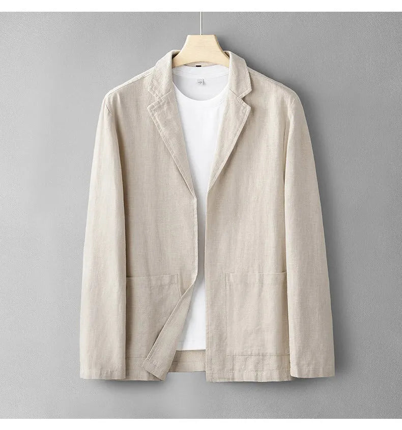 Solid colour linen long sleeve leisure suit jacket for men in apricot with button front