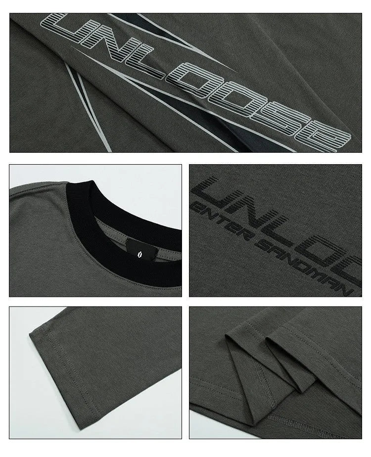 Men's grey cotton sweatshirt with drop shoulders and a white letter print on the chest.