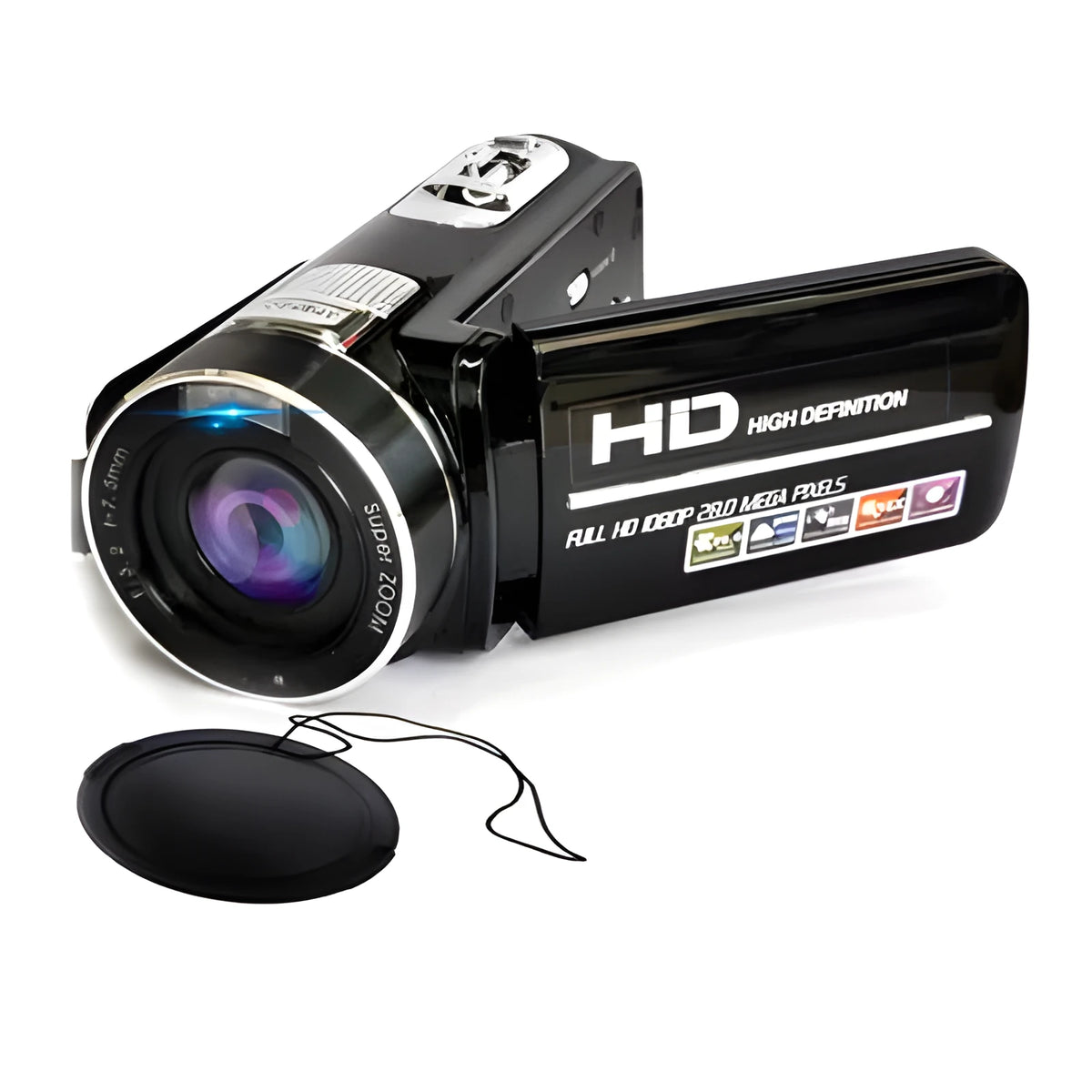 Black digital camera with 3.0 inch rotating LCD screen, CMOS sensor, HD 1080P video, 122x58x60mm, 315g