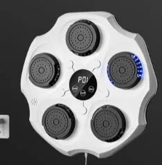Black Bluetooth music boxing wall target hanging on a wall with paired adult boxing gloves.