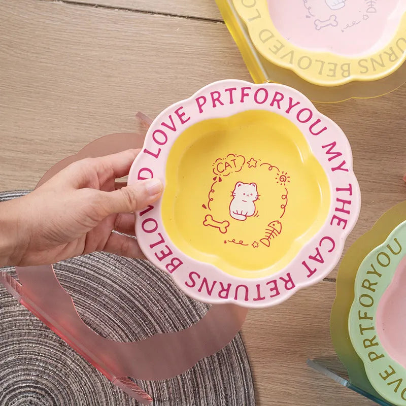 Ceramic cat bowl with acrylic lace detail and anti-tumble neck in pink and blue colour options