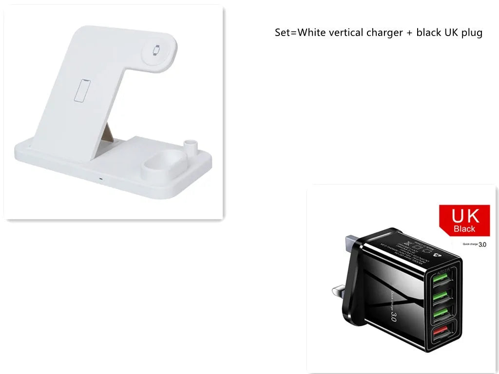 Black 4-in-1 wireless charging station with phone on adjustable magnetic stand, charging Apple Watch, AirPods, and Apple Pencil.