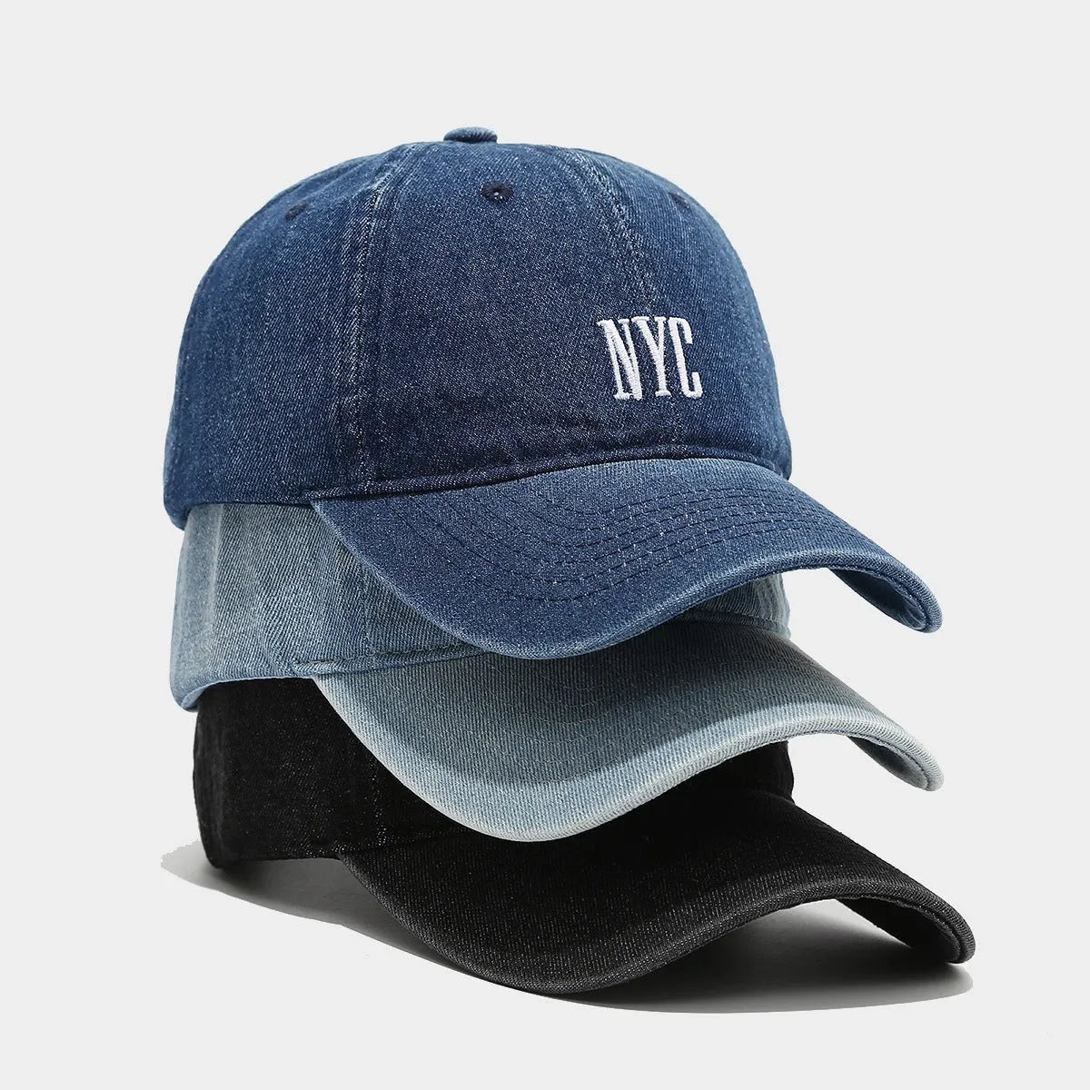 Retro denim peaked cap with embroidered letters in adjustable fit