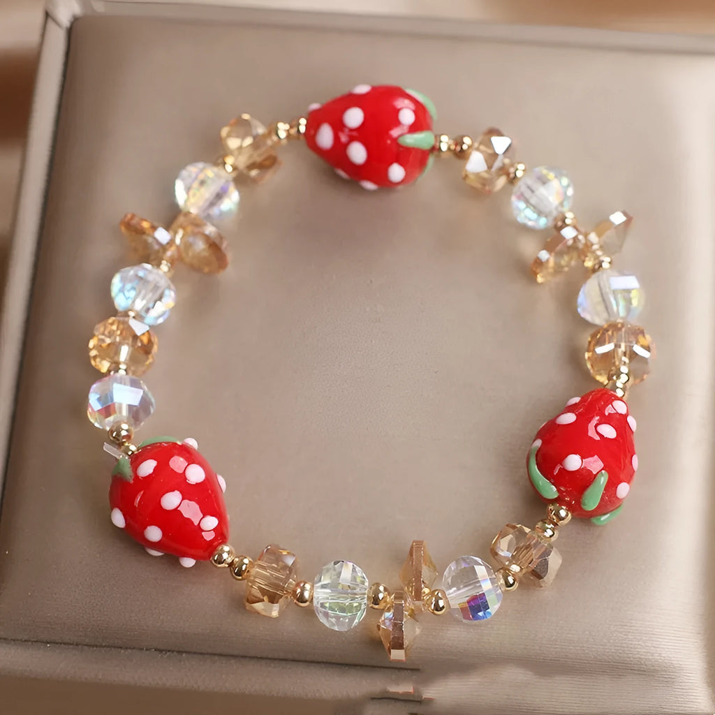 Red hand painted strawberry beaded bracelet for women with artificial crystal beads