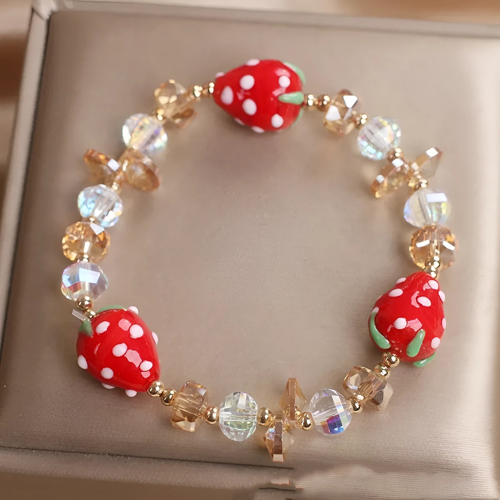 Red hand painted strawberry beaded bracelet for women with artificial crystal beads