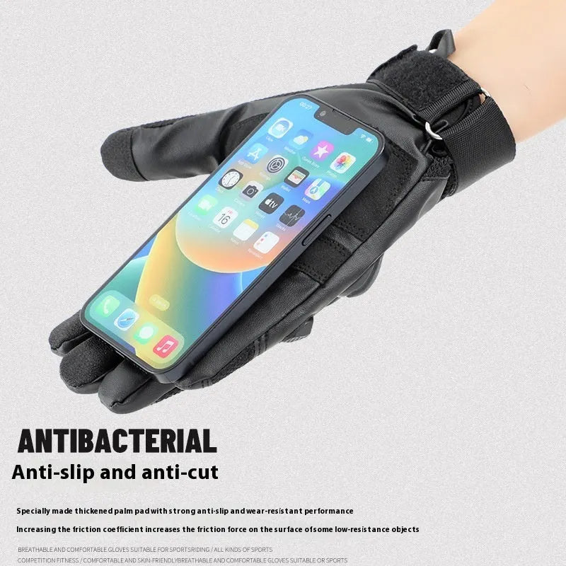 Men's black full finger tactical gloves with touch screen fingertips on a grey background.