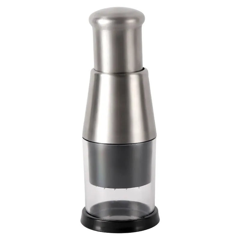 Manual garlic press and onion chopper with stainless steel blades on a kitchen counter.