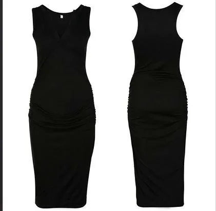 Black sleeveless deep V-neck maternity dress on a hanger.