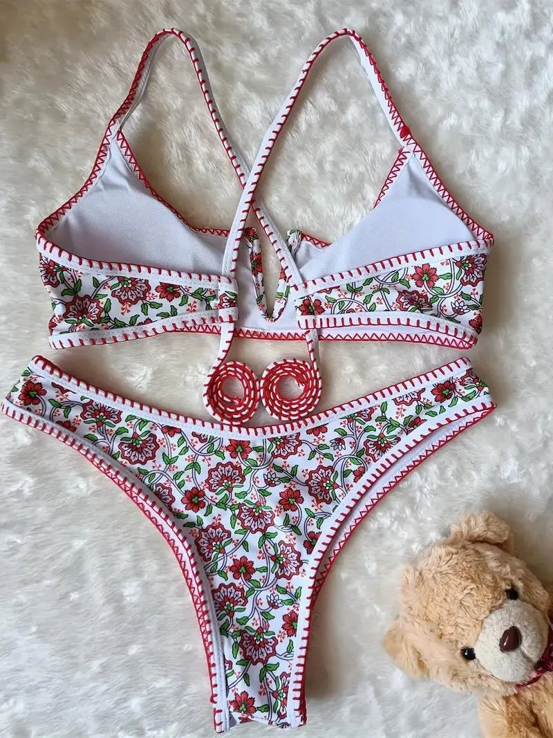 V-neck floral print swimsuit with embroidery detail in quick-drying polyester fabric