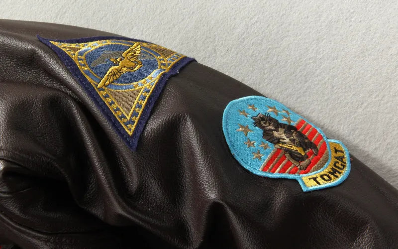 Men's embroidered cowhide leather motorcycle jacket, short zip front, brown or black, sizes S to XXXL