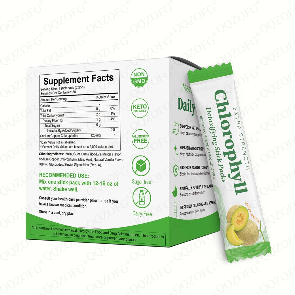 Chlorophyll stick pack supplement with sweet melon flavour, 30 sachets per box
