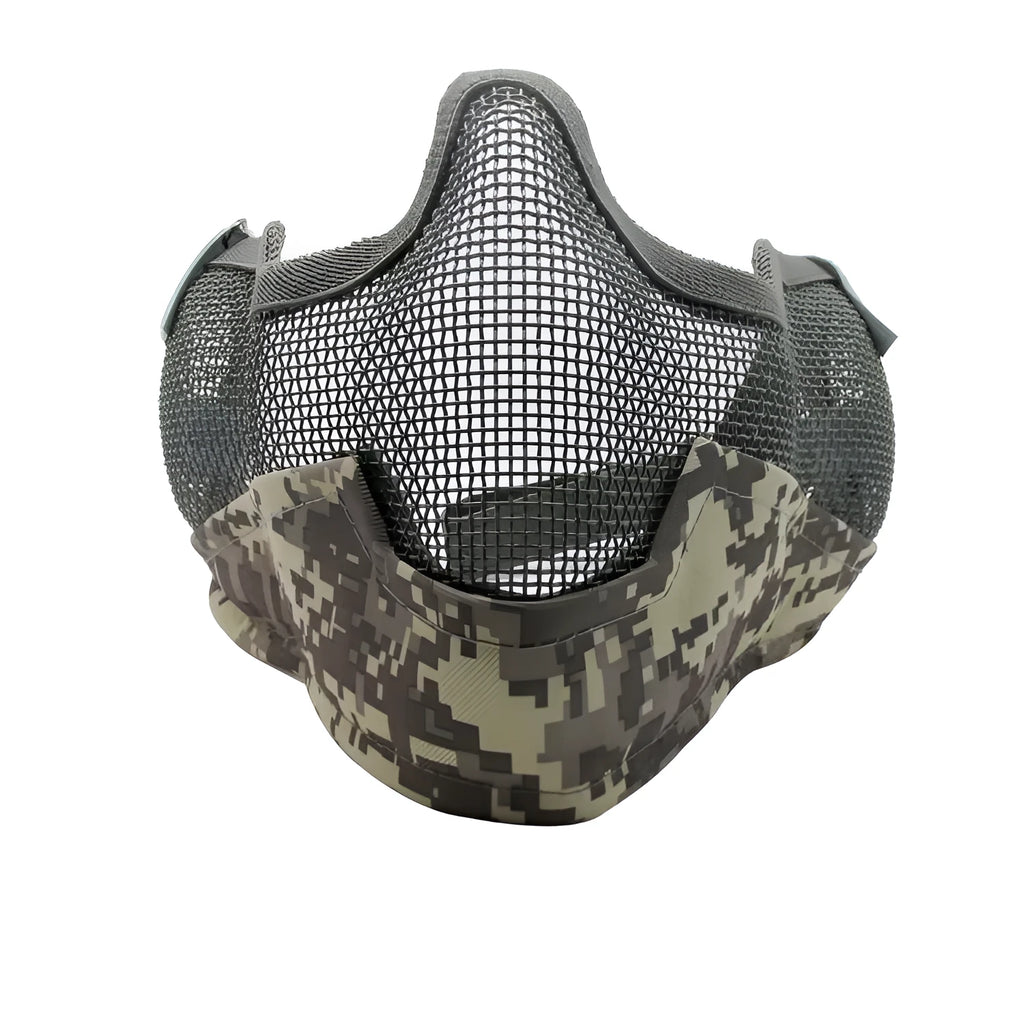 Carbon steel face protection mask in a head-mounted design on a mannequin head.