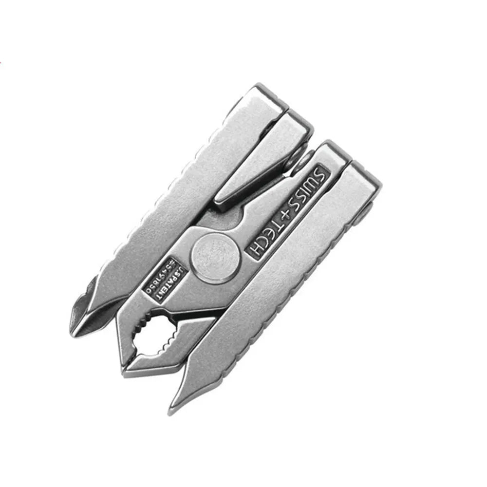 Silver multifunctional mini pliers in 420 stainless steel, closed length 47mm, expanded 82mm, on a plain background.
