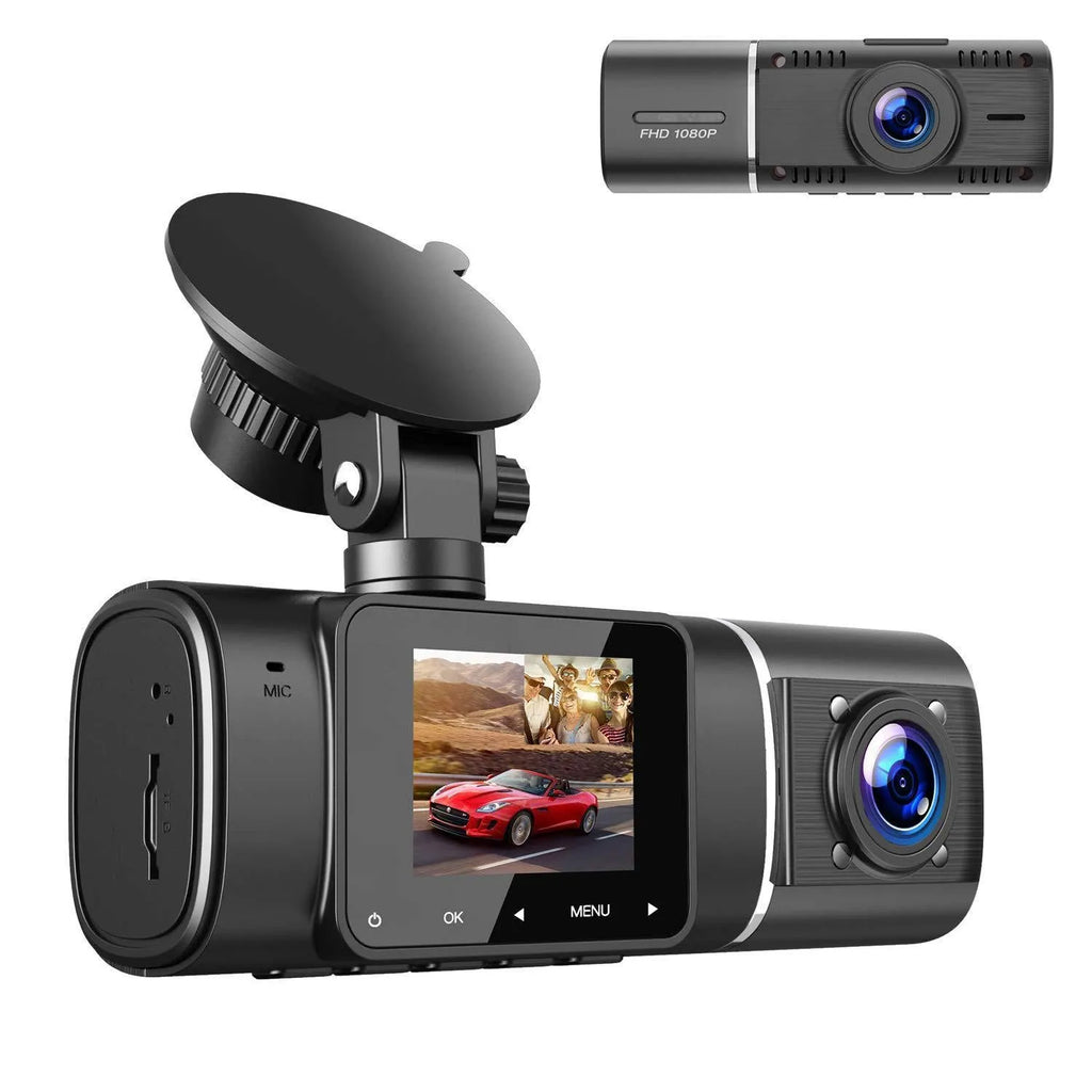Standard black car dashcam with 1.5-inch screen for front and rear recording.