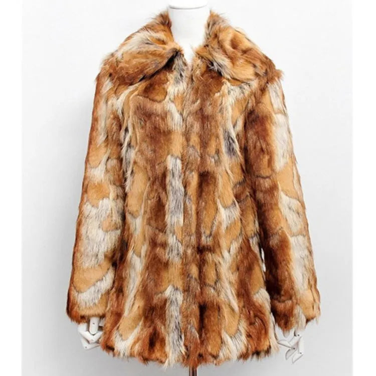 Women's slim-fit faux fur jacket with a full tiger pattern print, showing long sleeves and a medium length.