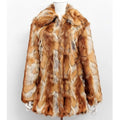 Women's slim-fit faux fur jacket with a full tiger pattern print, showing long sleeves and a medium length.