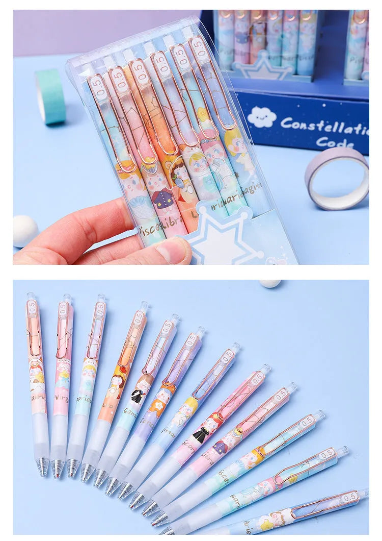 Set of six constellation-themed press gel pens with 0.5mm tips in plastic shells