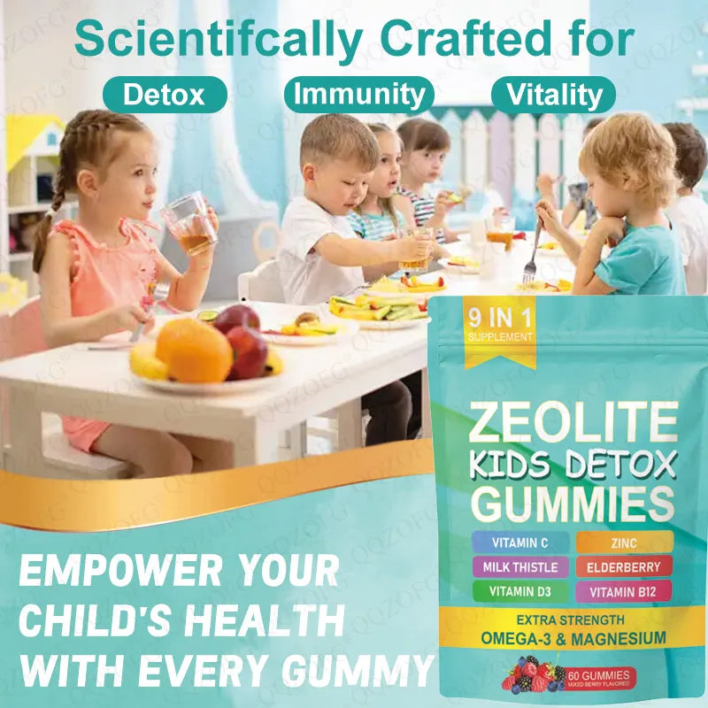 Bottle of Zeolite Gummy Kids Detox Gummies 60 count with natural mixed berry flavour