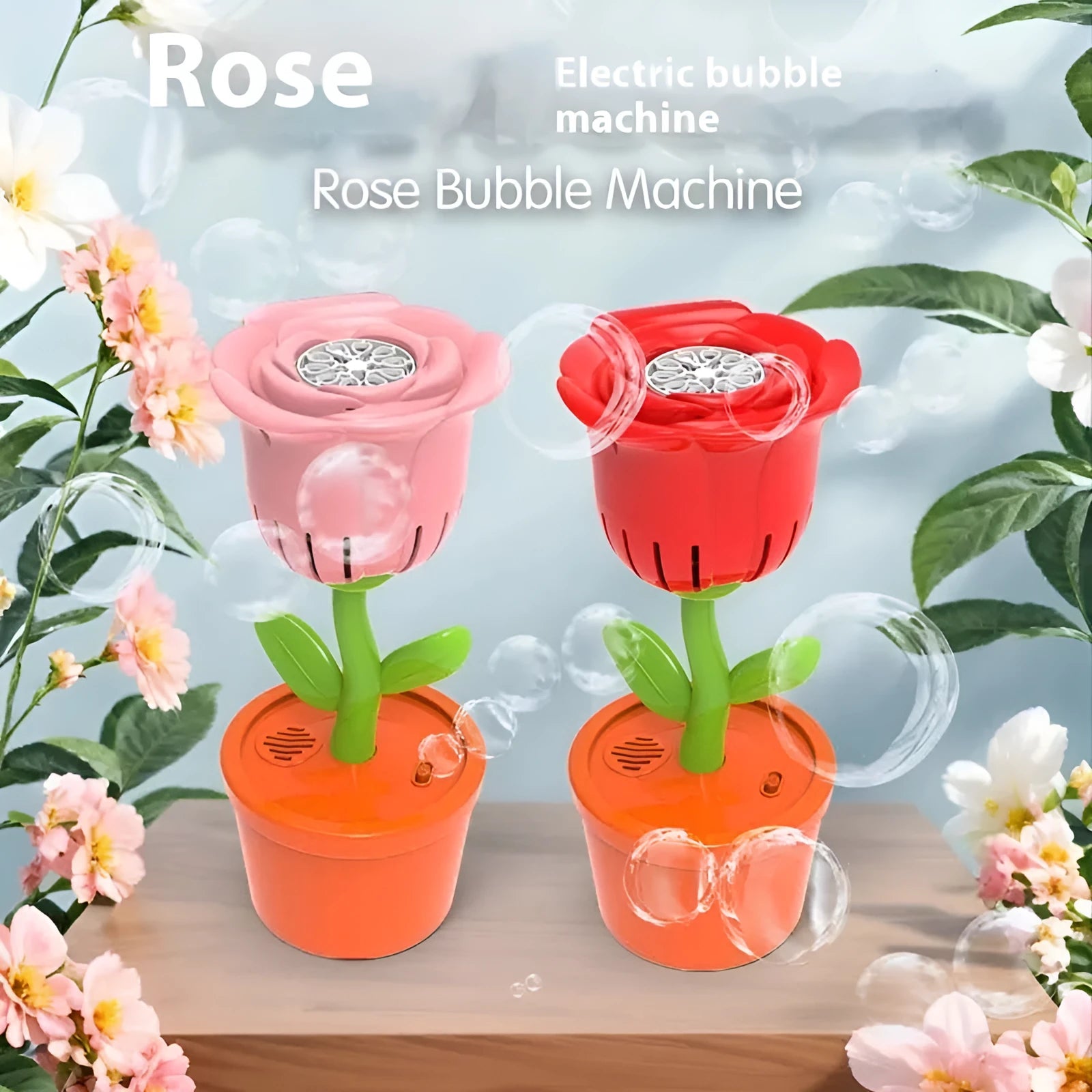 Automatic plastic bubble machine in red rose design for children aged 7-14, 19x13x28.5cm
