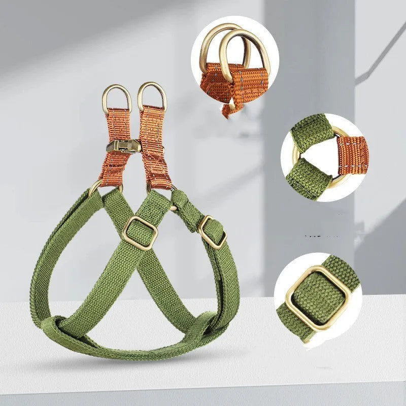 Brown vest style dog leash with cotton belt and alloy fastener for small to medium dogs