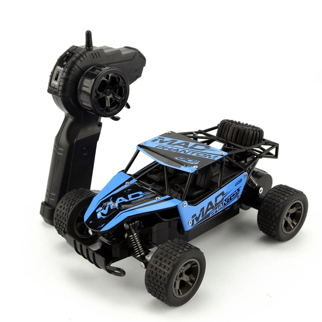 Blue and yellow 1:18 scale high-speed RC drift car with 2.4GHz remote control on an off-road surface