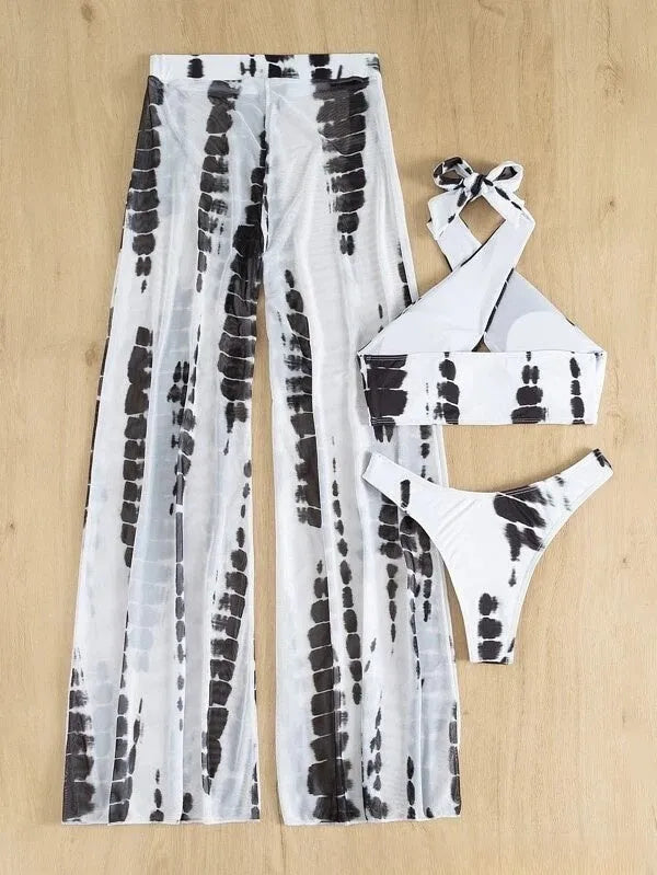 Women's three-piece swimsuit bikini set with mesh trousers in black or blue printed quick-dry fabric.