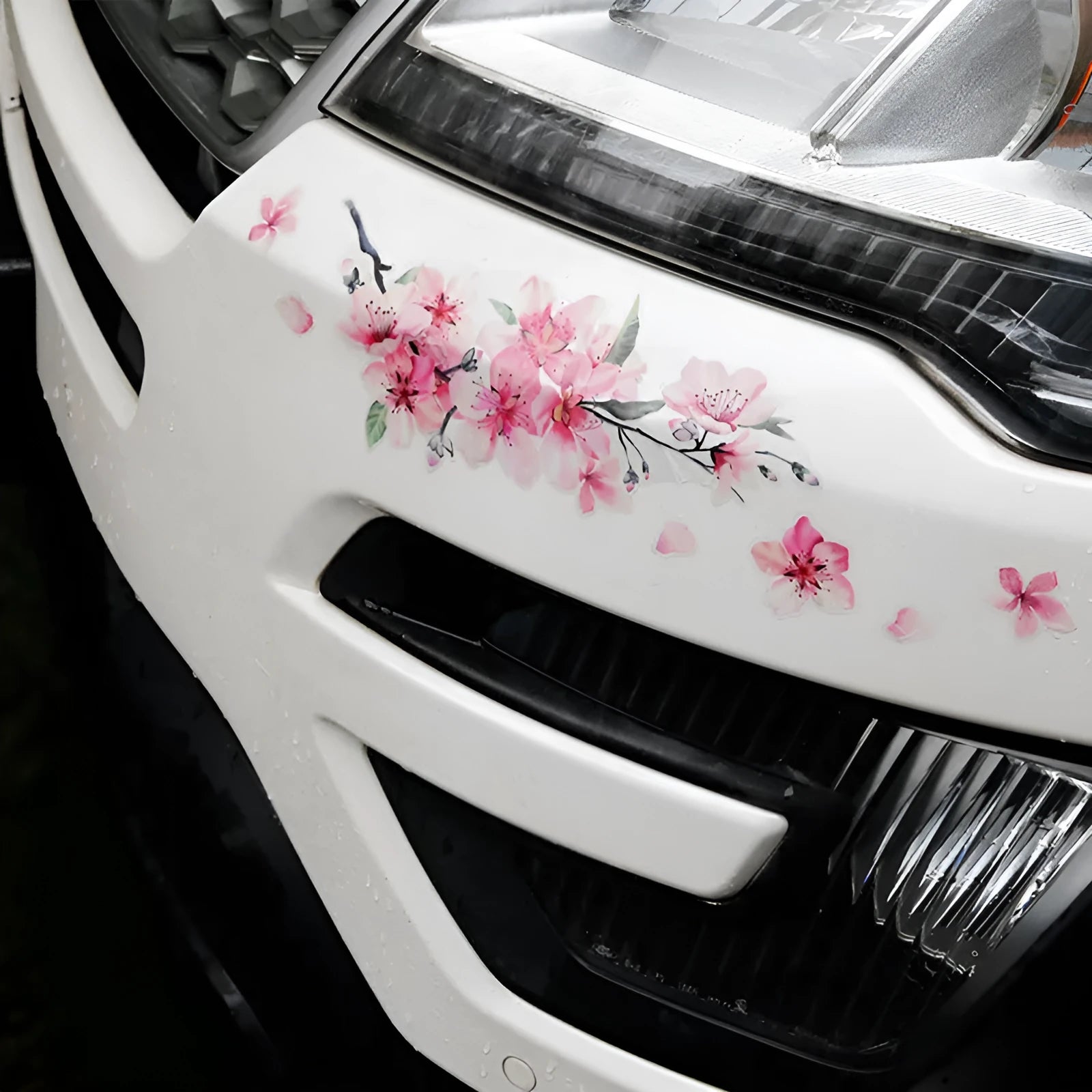 Cherry blossom flower pattern car sticker on vehicle window showing waterproof PVC material