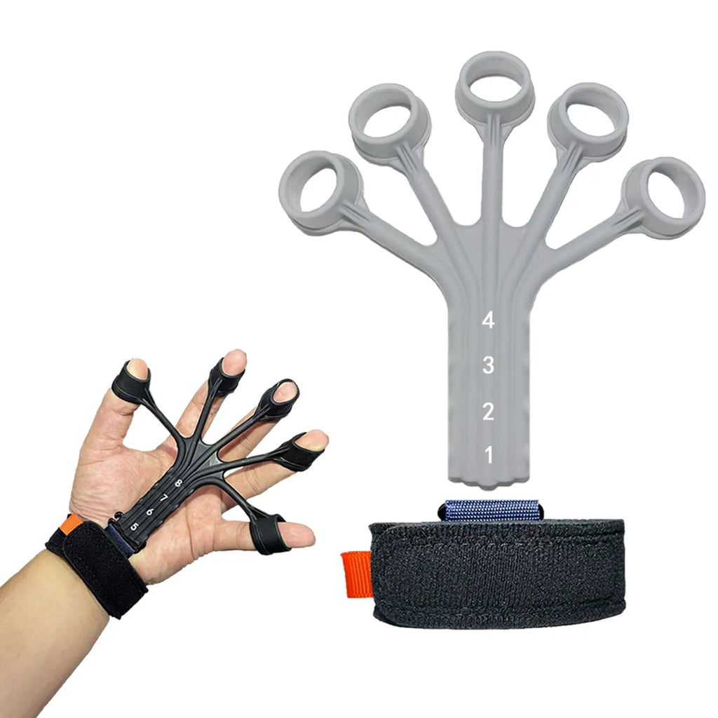 Black and grey silicone finger flexion trainer with adjustable abdominal tension belt.