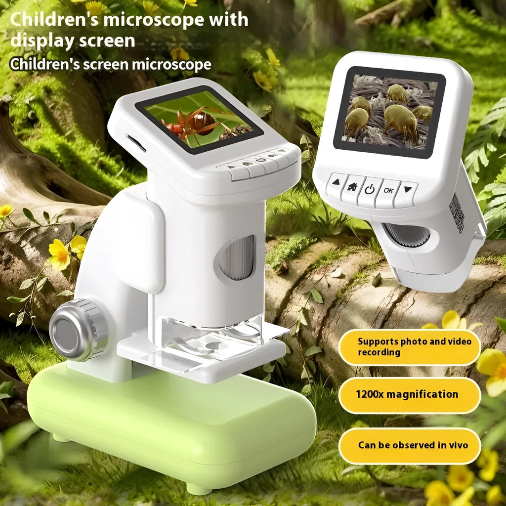 Smart digital microscope for kids with electronic belt display in blue gray and green ABS plastic with accessories
