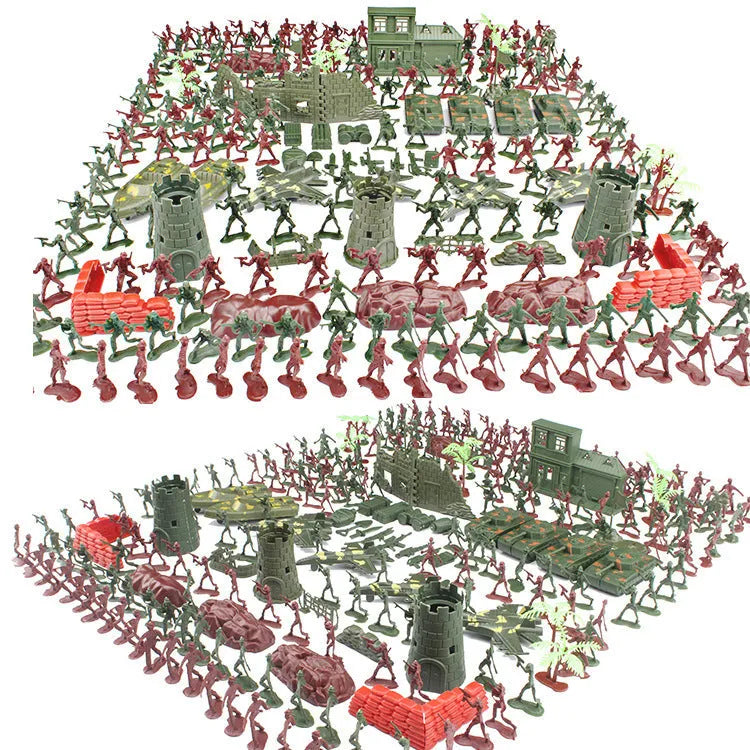 Children's military educational toy set with 240 plastic soldiers, tanks, and battlefield accessories