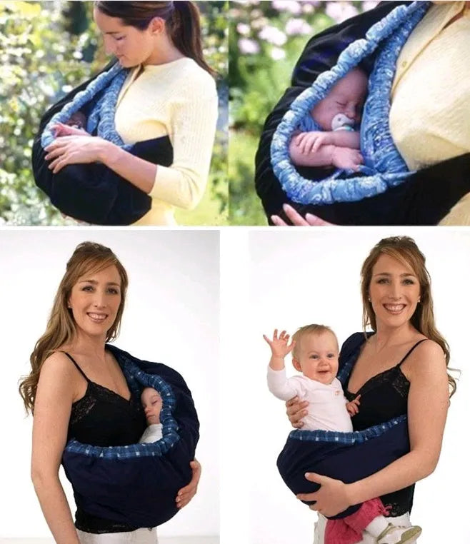 One-shoulder cross-arm baby carrier sling for newborns in a patterned fabric.