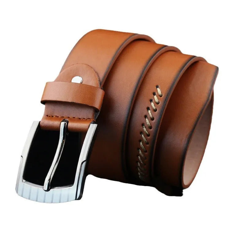 Men's threading casual belt with pattern design and pin buckle in black colour