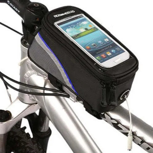 Waterproof PVC bicycle frame phone bag in black, mounted on bike with iPhone inside
