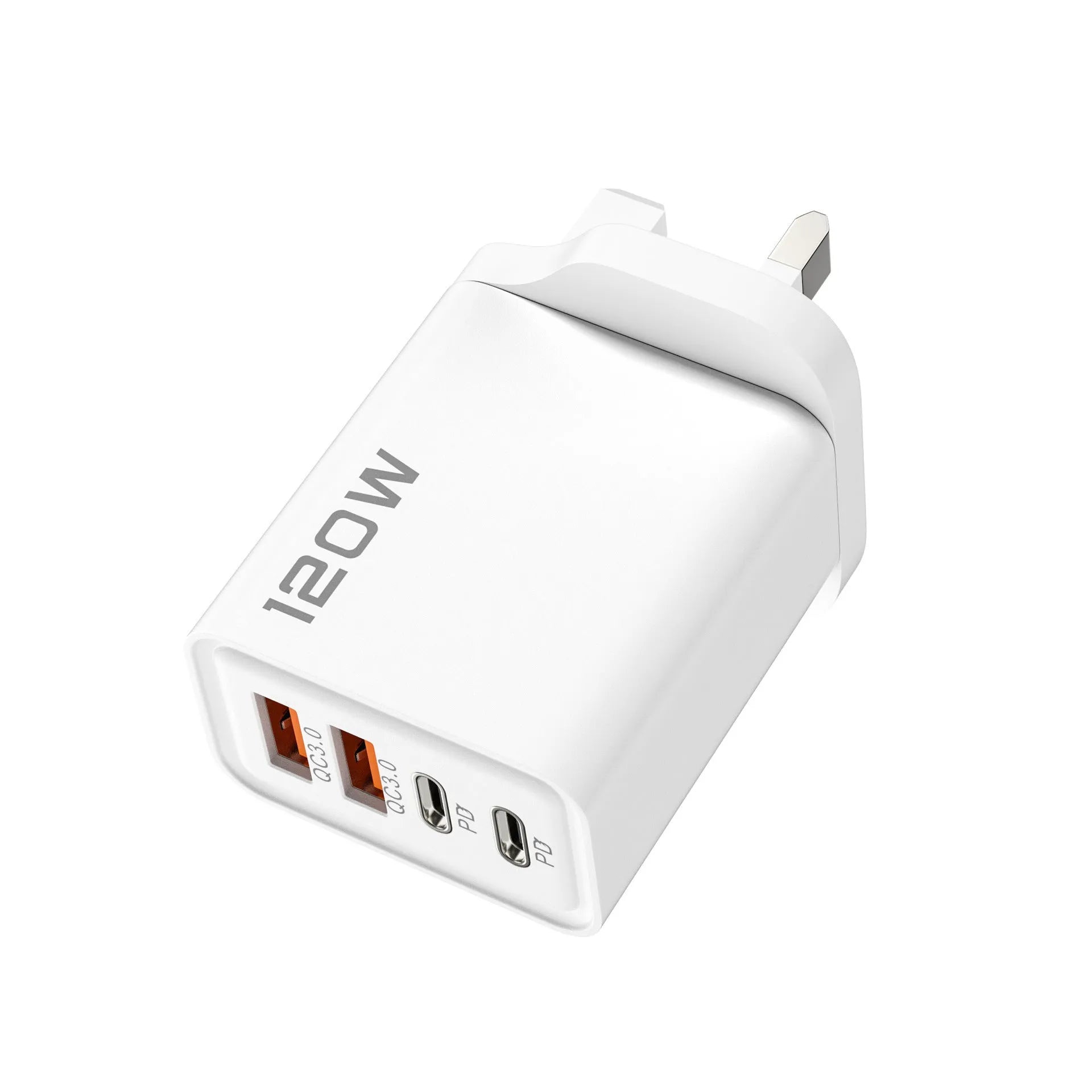 120W dual PD dual USB wall charger in Black, White, and Yellow with UK and EU plug options