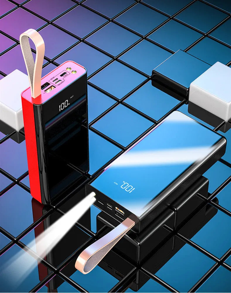 Mirror digital display large capacity power bank 20000mAh or 30000mAh in black, with multi-U port output
