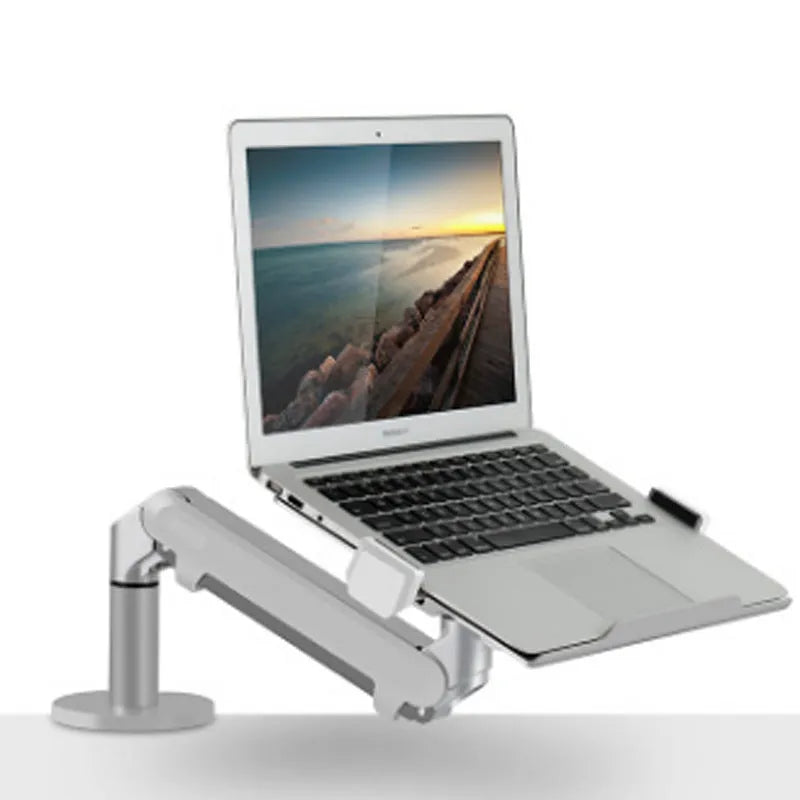 Aluminium alloy computer stand with adjustable arm bracket in silver colour supporting a laptop