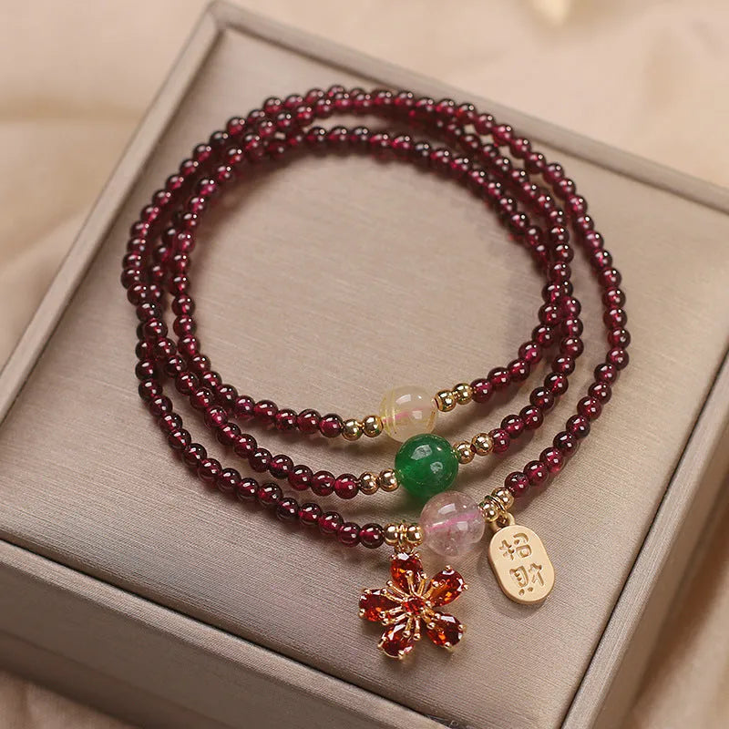 Pomegranate red cherry blossom crystal bracelet for women with sequin decoration on delicate chain