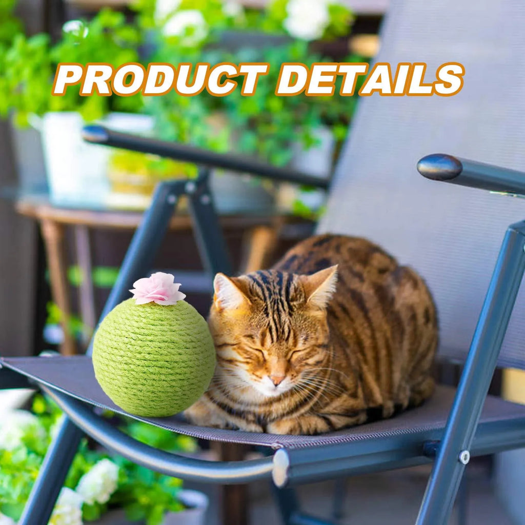 Green multi-level cat scratching tower with an interactive cactus ball toy and sisal-wrapped posts