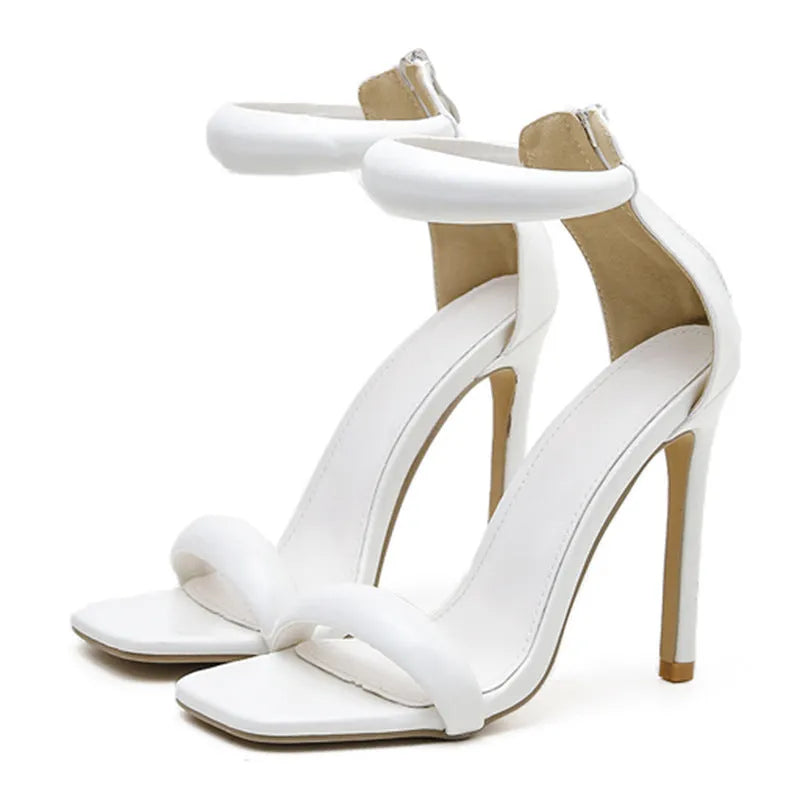 Plus size open toe stiletto sandals with back zipper and buckle, 11.5cm heel, PU upper, black colour