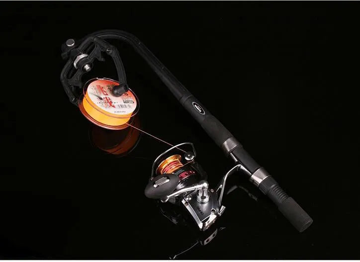 Black fishing line winder tool with adjustable tension mechanism for solo spooling