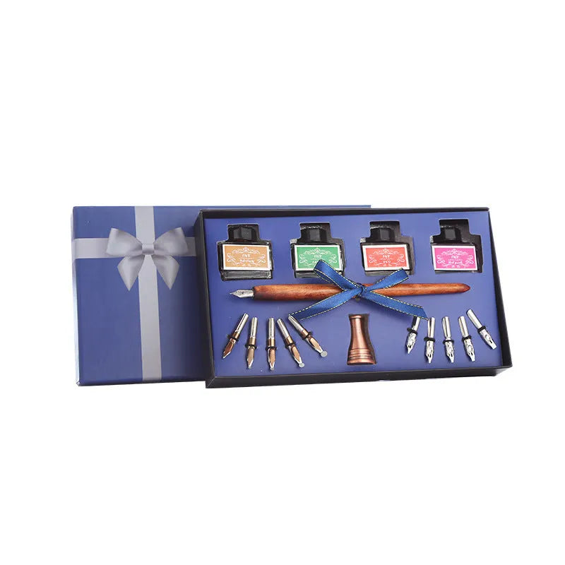 Wooden dip pen calligraphy set with coloured ink bottles in wooden presentation box