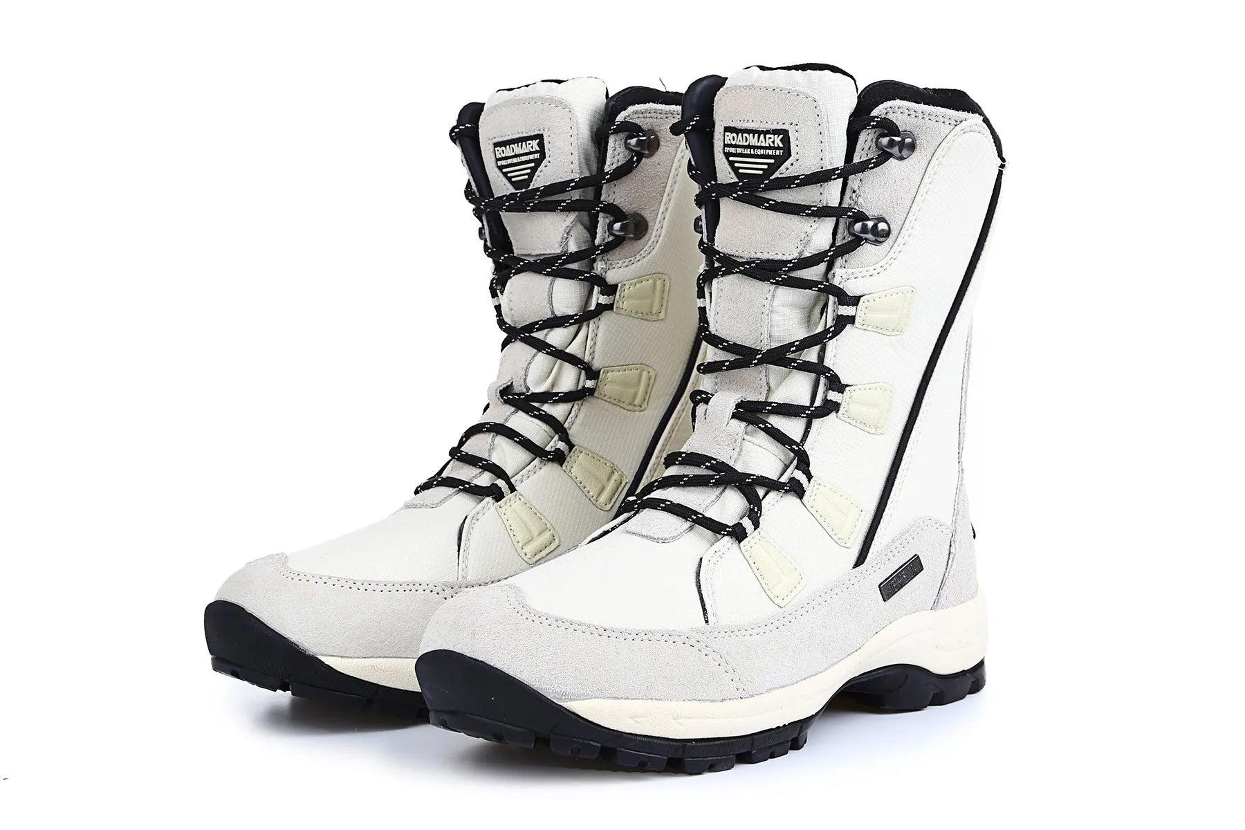 Women's black mid-calf snow boots with a round toe and genuine leather upper on a rubber sole.