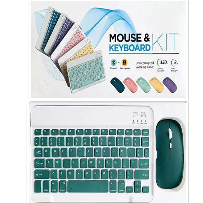 10-inch compact Bluetooth keyboard and wireless mouse in a solid colour on a desk.