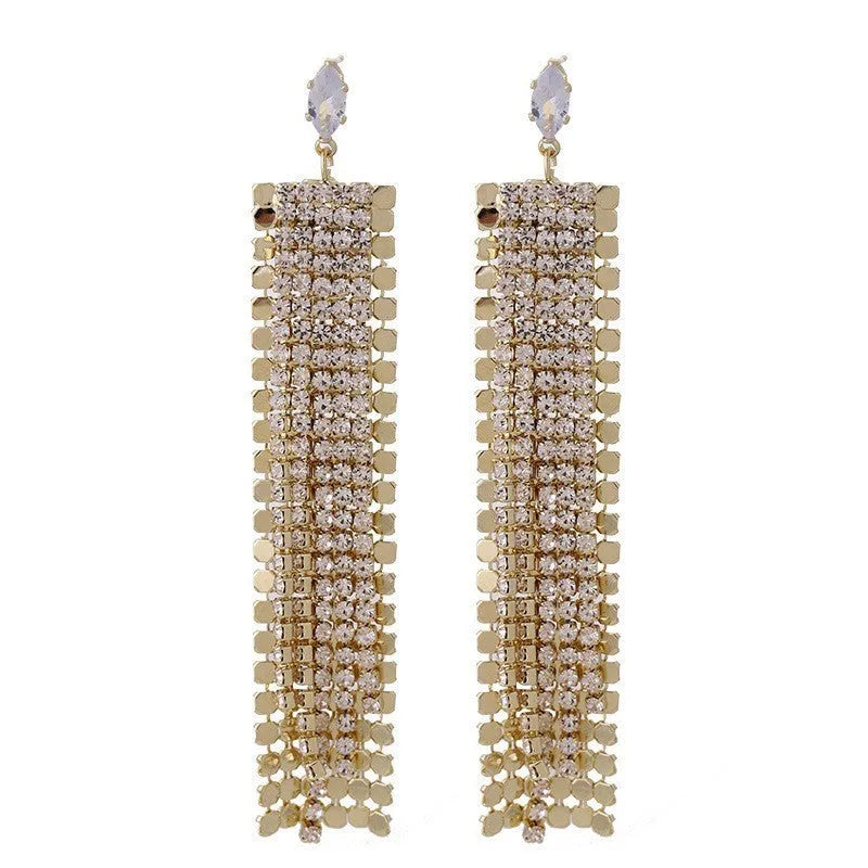 Light luxury tassel long earrings for women, geometric design, alloy with electroplated finish.