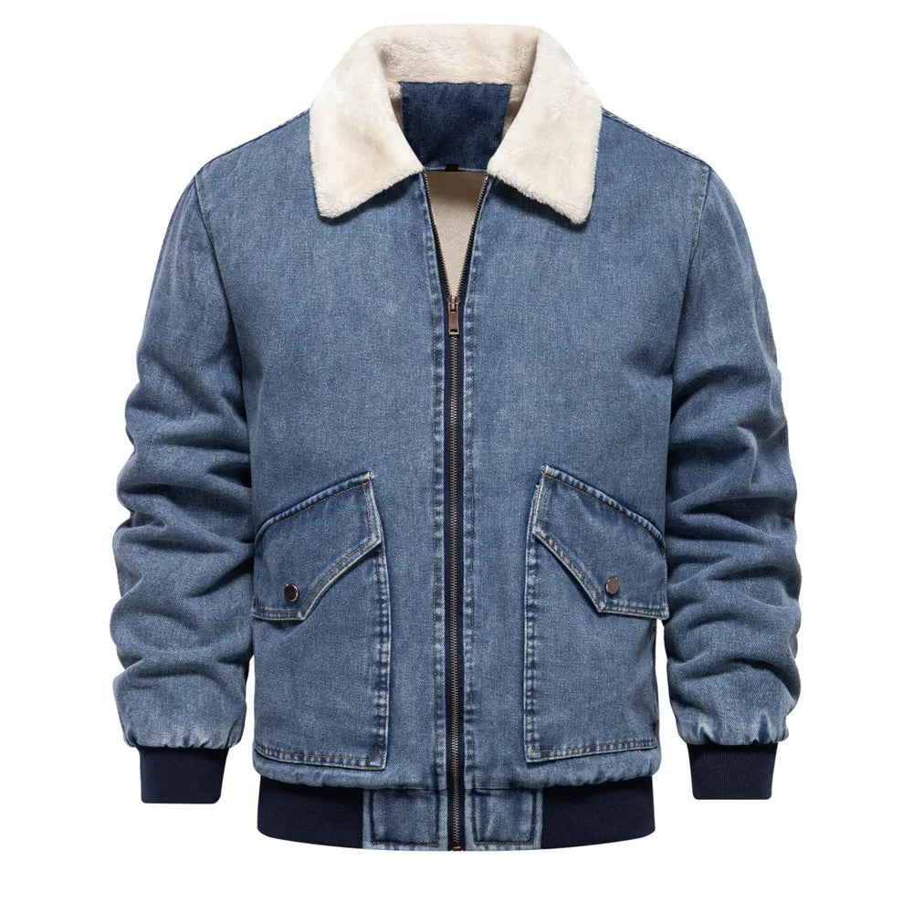 Men's plush denim jacket in dark blue with long sleeves and bag seam pockets