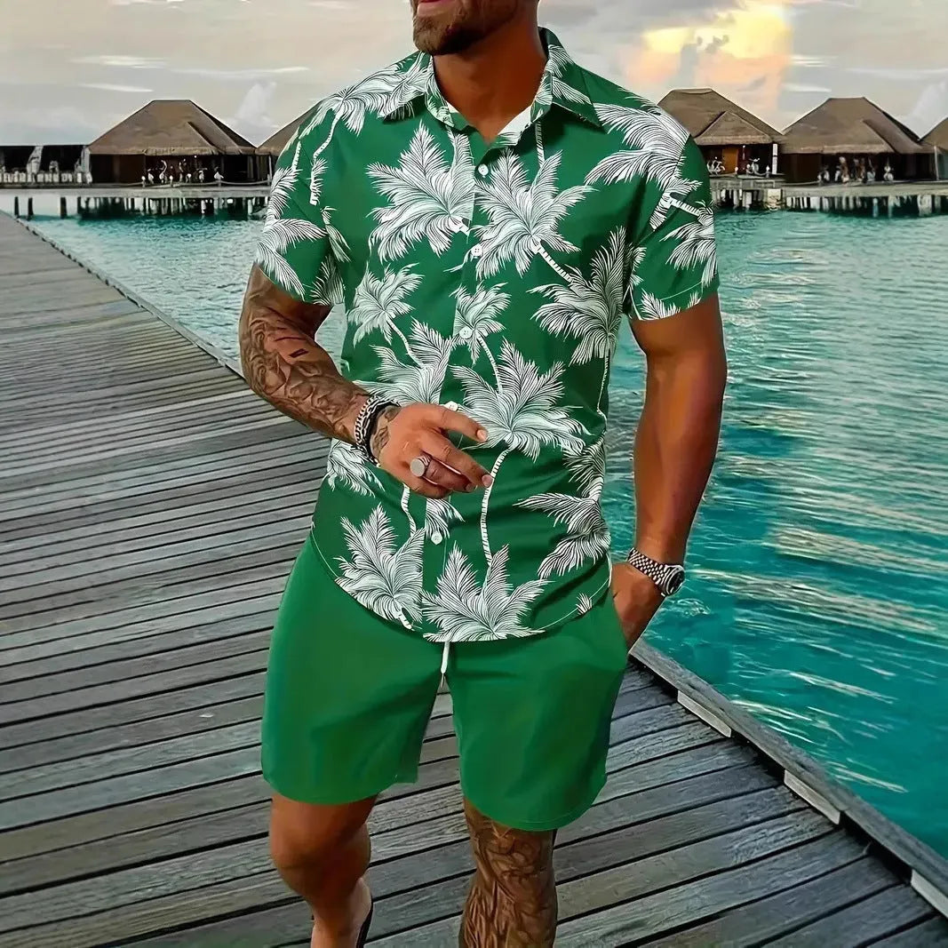 Man wearing a blue Hawaii-themed 3D printed short sleeve shirt and matching shorts.
