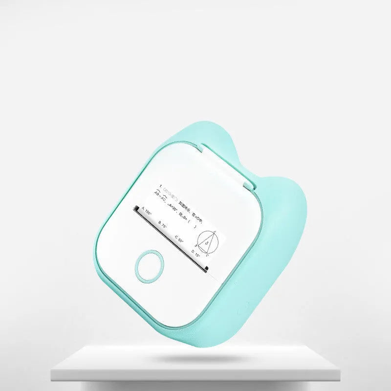 Portable mini thermal label printer in white with Bluetooth, inkless printing, compact 87mm x 90mm x 40mm