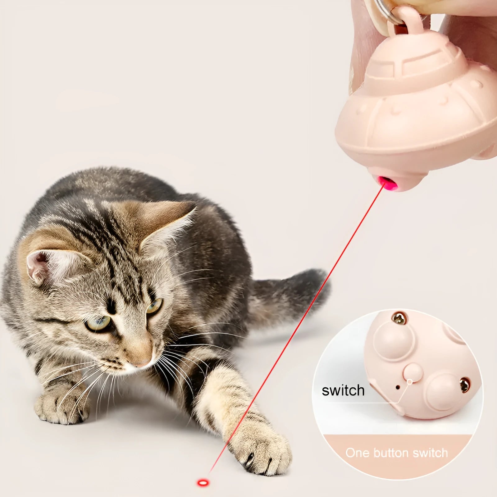 Automatic cat laser toy attached to green collar with USB charging port visible