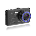 Black dual lens dash cam with 4-inch touch screen showing front and rear camera views